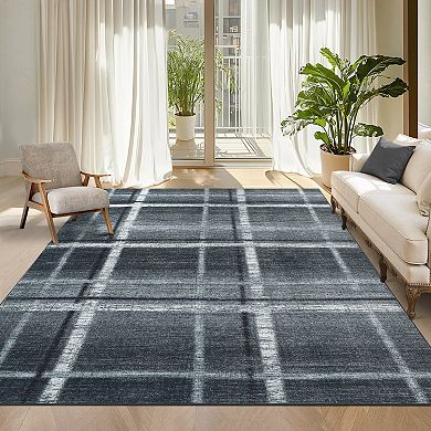 Washable Rug with Non Slip Backing, Plaid Printed Foldable Low Pile Rugs, Throw Floor Cover Carpet