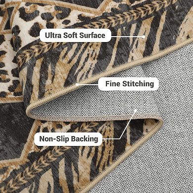 Large Checkered Leopard Print Area Rug, Soft Low-Pile Washable Non-Slip Indoor Carpet