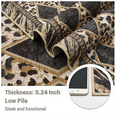 Large Checkered Leopard Print Area Rug, Soft Low-Pile Washable Non-Slip Indoor Carpet