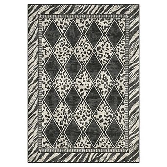 Large Checkered Leopard Print Area Rug, Soft Low-Pile Washable Non-Slip Indoor Carpet