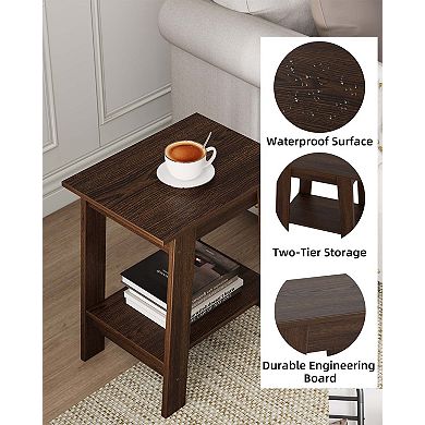 2-Tier Storage End Table, Rustic Wooden Square Coffee Table, Space-Saving Narrow Bedside Table
