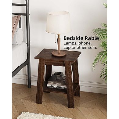 2-Tier Storage End Table, Rustic Wooden Square Coffee Table, Space-Saving Narrow Bedside Table