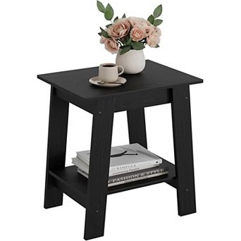 2 tier Storage End Table, Rustic Wooden Square Coffee Table, Space-Saving Narrow Bedside Table