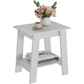 2 tier Storage End Table, Rustic Wooden Square Coffee Table, Space-Saving Narrow Bedside Table