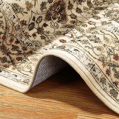 Washable Rug, Vintage Room Rugs, Boho Non-Slip Soft Low-Pile Rug, Thin Floral Print Throw Carpet