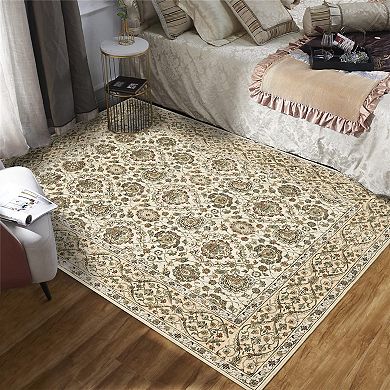 Washable Rug, Vintage Room Rugs, Boho Non-Slip Soft Low-Pile Rug, Thin Floral Print Throw Carpet