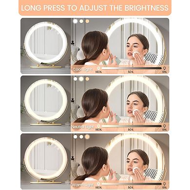 Round Vanity Mirror with Lights, Large Makeup Mirror with 3 Color Lighting Dimmable