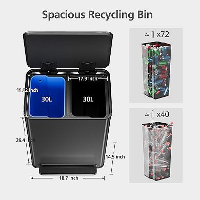 16 Gallon (60l) Dual Compartment Stainless Steel Trash Can