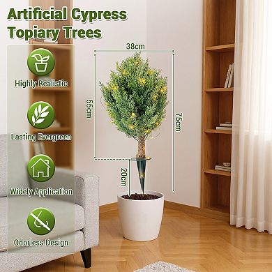 30" Artificial Cypress Topiary Ball Trees with Ground Spike, Set of 2 Artificial Shrubs Bushes