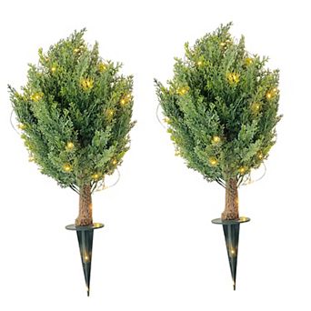30" Artificial Cypress Topiary Ball Trees with Ground Spike, Set of 2 Artificial Shrubs Bushes