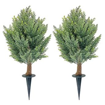 30" Artificial Cypress Topiary Ball Trees with Ground Spike, Set of 2 Artificial Shrubs Bushes