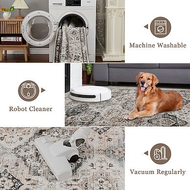 Vintage Soft Low Pile Traditional Floral Print Rug, Indoor Foldable Area Rug