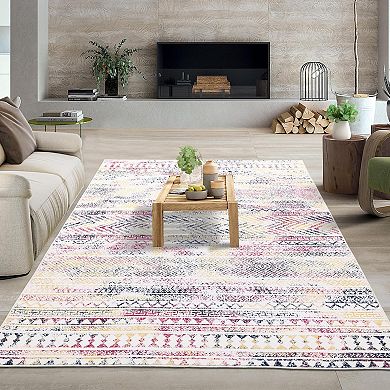 Boho Geometric Area Rug, Machine Washable Area Rug, Non-Slip Stain Resistant Accent Rug
