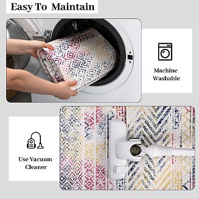 Boho Geometric Area Rug, Machine Washable Area Rug, Non-Slip Stain Resistant Accent Rug