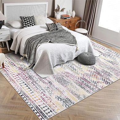 Boho Geometric Area Rug, Machine Washable Area Rug, Non-Slip Stain Resistant Accent Rug
