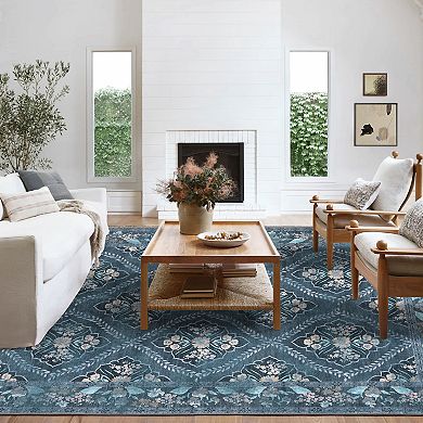 Machine Washable Rug, Non Slip Non Shedding Rug Bordered, Retro Distressed Low Pile Floor Cover