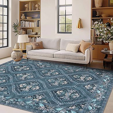 Machine Washable Rug, Non Slip Non Shedding Rug Bordered, Retro Distressed Low Pile Floor Cover