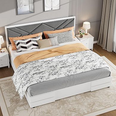 Bed Frame Upholstered Platform with Tufted Soft Headboard