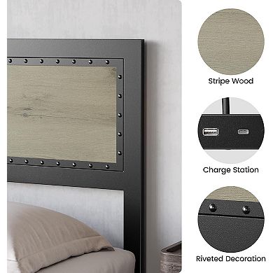 Bed Frame with Charging Station and Industrial Headboard