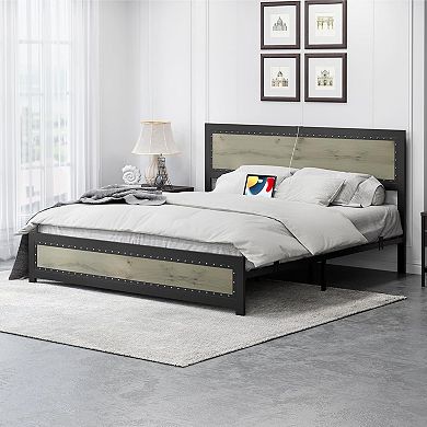 Bed Frame with Charging Station and Industrial Headboard