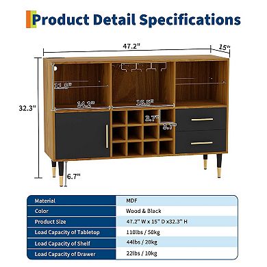 47'' Wine Bar Cabinet with Storage, Cabinet with Wine Rack & Glass Holder, Kitchen Buffet Sideboard