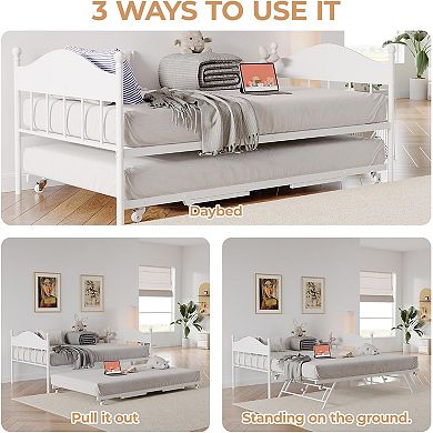 Twin Daybed with Trundle and Stylish Headboard Sofa Bed Frame White