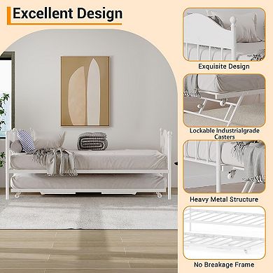 Twin Daybed with Trundle and Stylish Headboard Sofa Bed Frame White