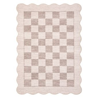 Checkered Modern Rug for Living Room, Washable, Scalloped, Low Pile, Soft Non Slip, Farmhouse Rug