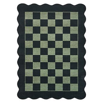 Checkered Modern Rug for Living Room, Washable, Scalloped, Low Pile, Soft Non Slip, Farmhouse Rug
