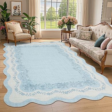 Scalloped Low Pile Area Rug, Washable Non-Slip Soft Carpet, Foldable Throw Mat for Living Room