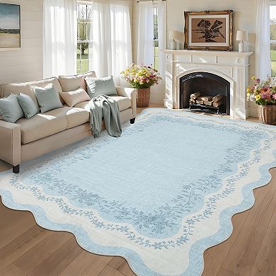 Scalloped Low Pile Area Rug, Washable Non-Slip Soft Carpet, Foldable Throw Mat for Living Room