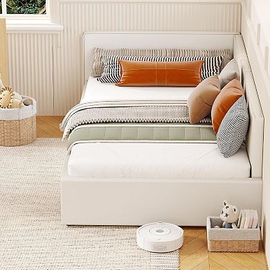 Twin Daybed with Bed Rails, Velvet Upholstered Corner Bed Frame with Headboard Beige