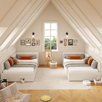 Twin Daybed with Bed Rails, Velvet Upholstered Corner Bed Frame with Headboard Beige