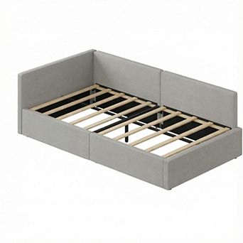 Twin Daybed with Bed Rails, Velvet Upholstered Corner Bed Frame with Headboard Beige