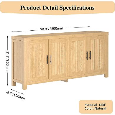 71" Sideboard Buffet Cabinet with 4 Doors, Fluted Credenza Storage Cabinet with Adjustable Shelves