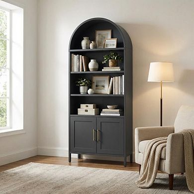 73" Tall Black Metal Arched Cabinet, Modern 5-Tier Bookshelf with Adjustable Shelves