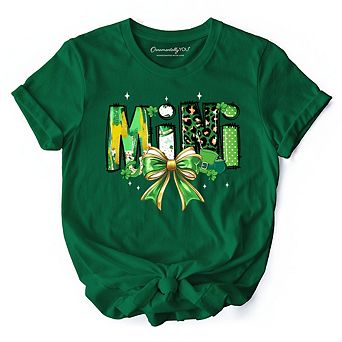 Coquette Mini Clover Bow St Patrick’s Day T-Shirt, Green Lucky Shamrock Clover Tee
