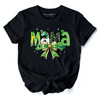 Coquette Mama Bow St Patrick’s Day T-Shirt, Green Lucky Shamrock Clover Tee