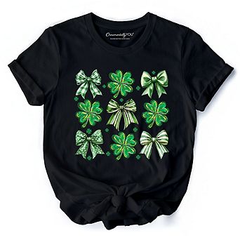 Coquette Clover Bows St Patrick’s Day T-Shirt, Green Irish Lucky Shamrock Tee