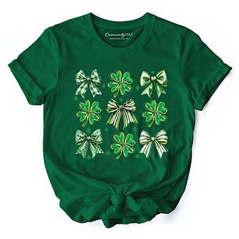 Coquette Clover Bows St Patrick’s Day T-Shirt, Green Irish Lucky Shamrock Tee