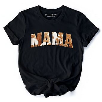 Cow Print Mama Western T-Shirt, Faux Cowhide Mom Tee