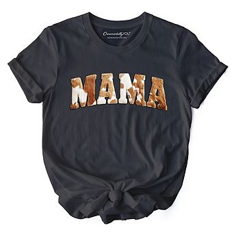Cow Print Mama Western T-Shirt, Faux Cowhide Mom Tee