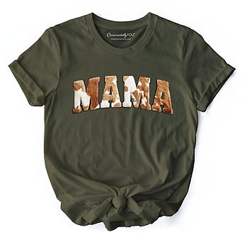 Cow Print Mama Western T-Shirt, Faux Cowhide Mom Tee