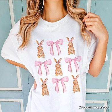 Coquette Bunny Pink Bow Easter T-Shirt, Cute Girly Bunny Spring Tee