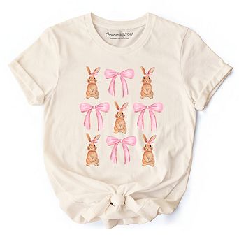Coquette Bunny Pink Bow Easter T-Shirt, Cute Girly Bunny Spring Tee