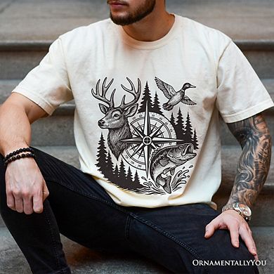 Deer Duck Fishing Hunting T-Shirt, Camo Vintage Compass Outdoors Tee