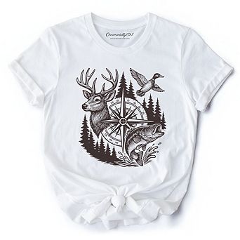 Deer Duck Fishing Hunting T-Shirt, Camo Vintage Compass Outdoors Tee