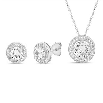 Paige Harper Fine Silver-Plated Cubic Zirconia Halo Necklace & Earring Set with Jewelry Organizer
