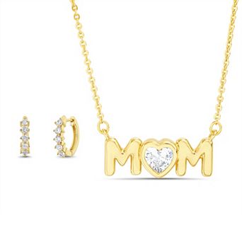 Paige Harper 14k Gold Flash Plated Cubic Zirconia “Mom” Necklace & Huggie Earring Set with Jewelry Organizer