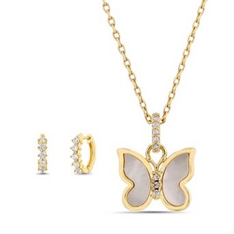 Paige Harper 14k Gold Flash Plated Cubic Zirconia Butterfly Necklace & Huggie Earring Set with Jewelry Organizer